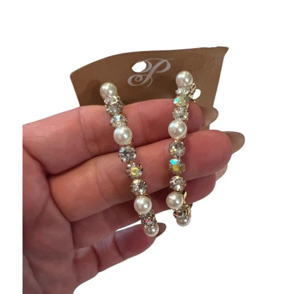 Plunder Design Fashion Jewelry Kirby Gold Pearl Crystal Hoop Dangle Earrings